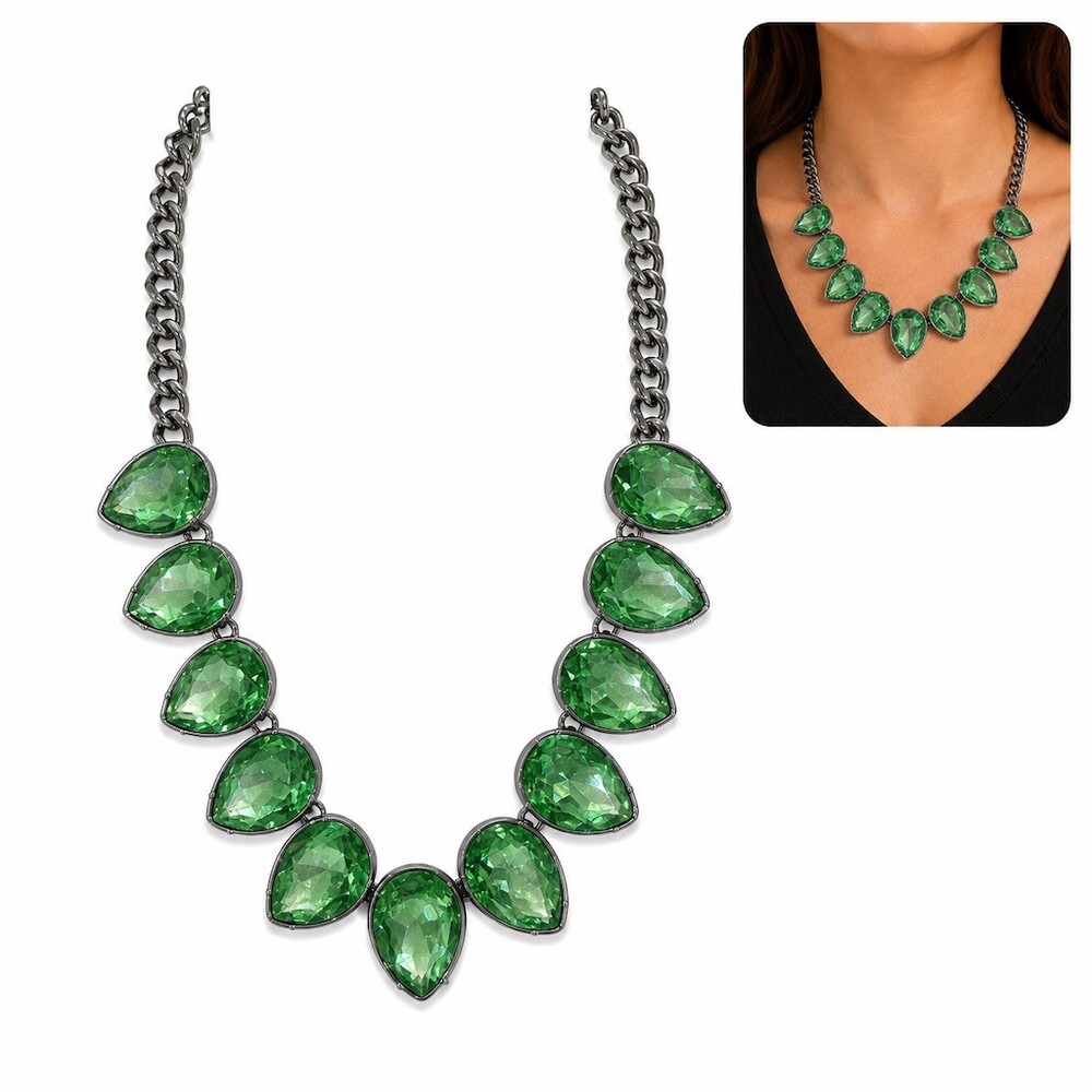 $38 simply vera wang sparkly Necklace Green Teardrop Statement Bib 17in + 3